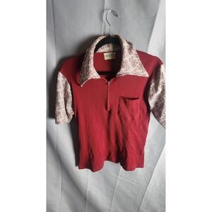 Vintage 70s Kmart Red Ribbed Knit Dagger Collar Quarter Zip Polo Shirt Womens M